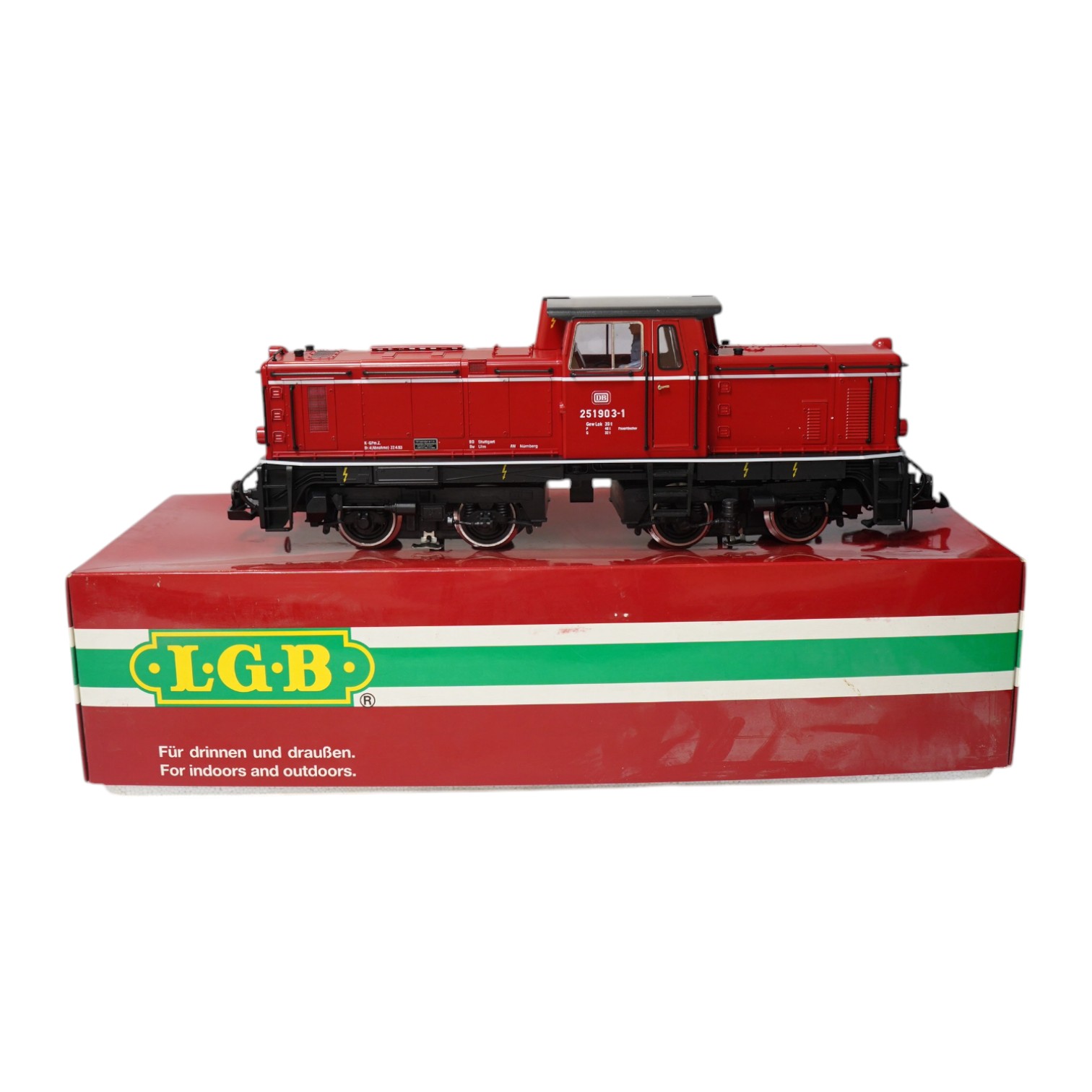 A boxed Lehman LGB (21510) G scale railway DB diesel locomotive, 251903-1, in red livery. Condition - good, evidence of very minor running wear only.